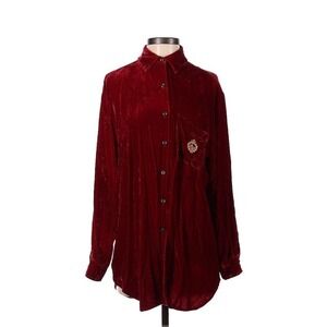 Vintage Ralph Lauren Red Velvet Velour Button Down Shirt Gold Crest Women’s SM